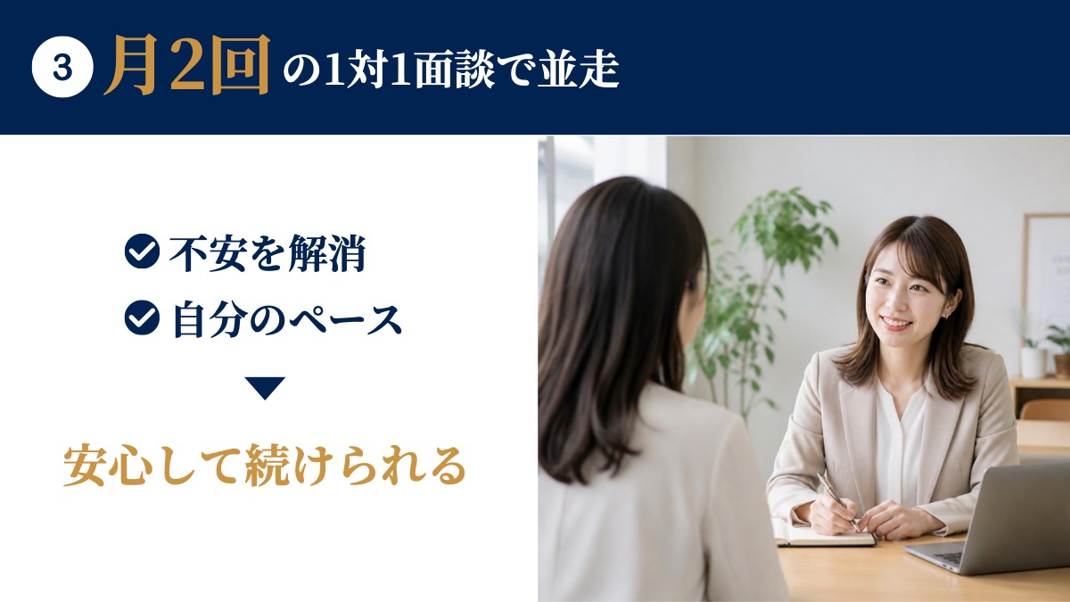 3 月2回の1対1面談で並走。不安を解消、自分のペースで、安心して続けられる