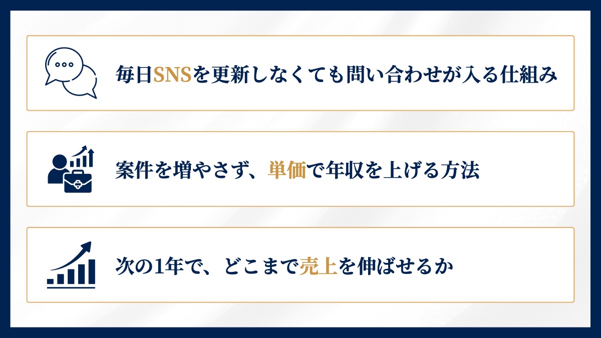 毎日SNSを更新しなくても問い合わせが入る仕組み。案件を増やさず、単価で年収を上げる方法。次の1年で、どこまで売上を伸ばせるか